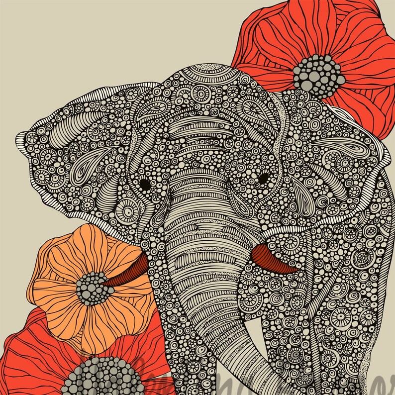 The Elephant print Decor Room decor Flowers Doodle Art Flowers Print Decor Animal Print Decor Nursery Art Playroom Decor image 1