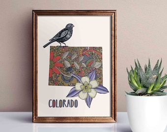 Colorado State Map - State Bird Lark bunting - State Flower Colorado blue columbine- ArtWall- State Map - Art Decor - Maps - Pen and ink art