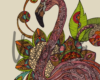 Royal flamingo 8x10 - Art Print- Bird Decor - Room decor - Cute Bird - Flowers - Doodle Art - Flowers Print Decor - Animal Print Decor
