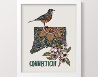 Connecticut State Map - State Bird American robin- State Flower mountain laurel- State Map - Art Decor - Maps - Pen and ink art