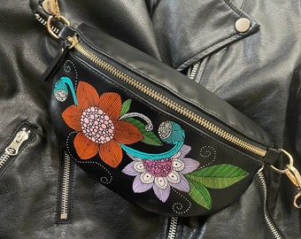 Hand Painted black Emma Bum Bag - Wearable art, one of a kind fanny pack, pen and ink art, original art, bum bag, colorful bag