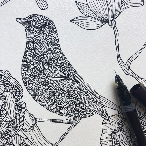 Original Bird Pen and Ink Drawing: Doodle Art on Watercolor Paper