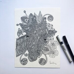 The Giraffe - Original Pen and Ink drawing - pen and ink art - doodle art - watercolor paper - ink- black ink - rapidograph art