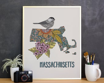 Massachusetts State Map - State Bird black-capped chickadeee- State Flower mayflower- Wall Art - State Map - Art Decor - Pen and ink art