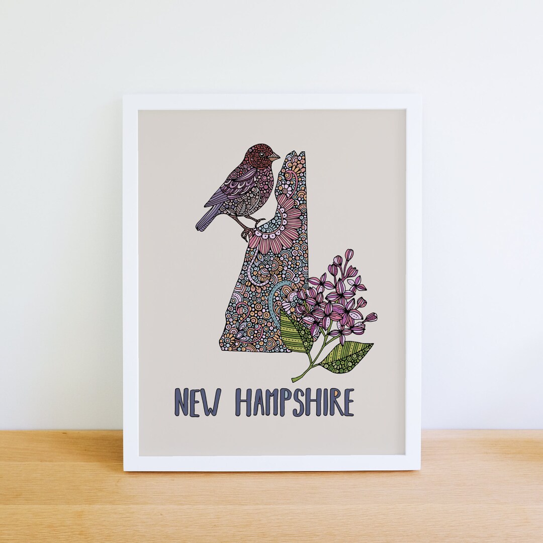 New Hampshire State Map - State Bird Purple Finch- State Flower Purple ...