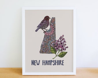 New Hampshire State Map - State Bird Purple finch- State Flower Purple lilac- Wall Art - State Map - Art Decor - Pen and ink art