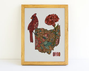 Ohio State Map - State Bird Cardinal- State Flower Scarlet Carnation- Wall Art - State Map - Art Decor - Maps - Pen and ink art