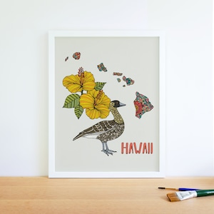 Hawaii State Map State Bird nene/Hawaiian goose State Flower yellow hibiscus Wall Art State Map Art Decor Maps Pen and ink art image 1