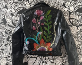 Hand Painted Faux Leather Jacket - Wearable art, one of a kind jacket, pen and ink art, original art, jacket, colorful jacket