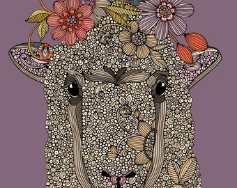 Sheep with flowers - color background - Decor - Room decor - Flowers - Doodle Art - Flowers Print Decor - Animal Print Decor - sheep art