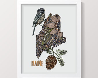 Maine State Map - State Bird Chickadee - State Flower White pine cone  - State Map - Art Decor - Maps - Pen and ink art