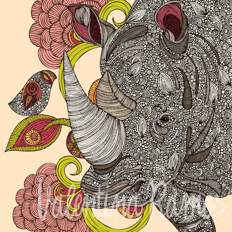 Olive and Hank 8x10 Decor Room decor Flowers Doodle Art Flowers Print Decor Animal Print Decor Rhino Art Rhino Print image 1