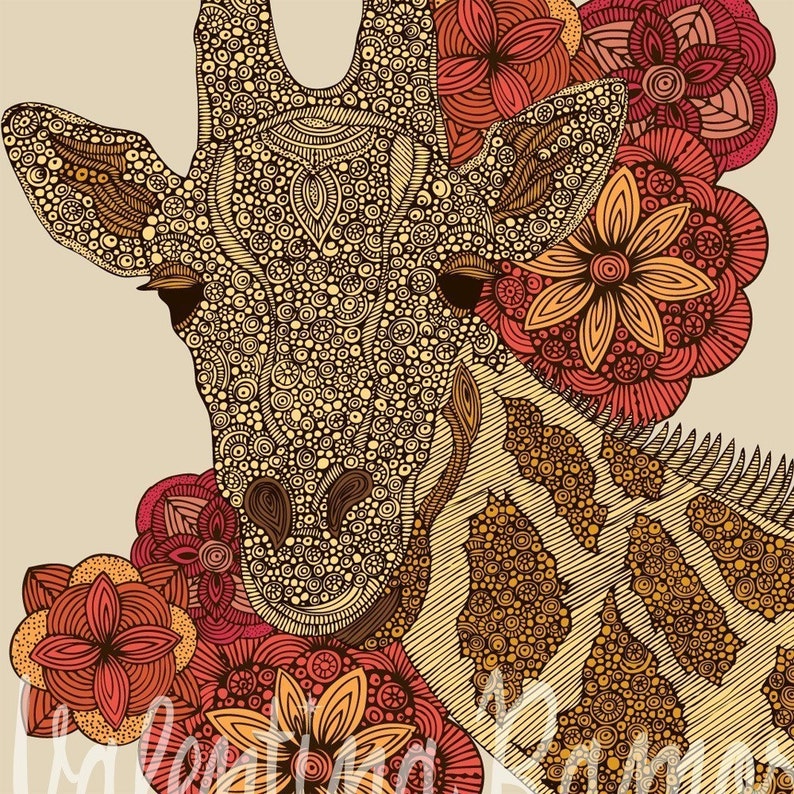 The Giraffe print Decor Room decor Flowers Doodle Art Flowers Print Decor Animal Print Decor Nursery Art Playroom Decor image 1