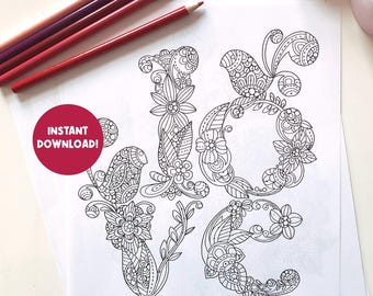 Valentine's Day- 4 Coloring pages, INSTANT DOWNLOAD coloring pages,Heart, Doodle art , Original Coloring pages, Kids Coloring, Love Art