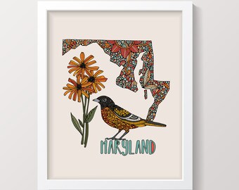 Maryland State Map - State Bird Western Baltimore Oriole- State Flower Black-Eyed Susan - State Map - Art Decor - Maps - Pen and ink art