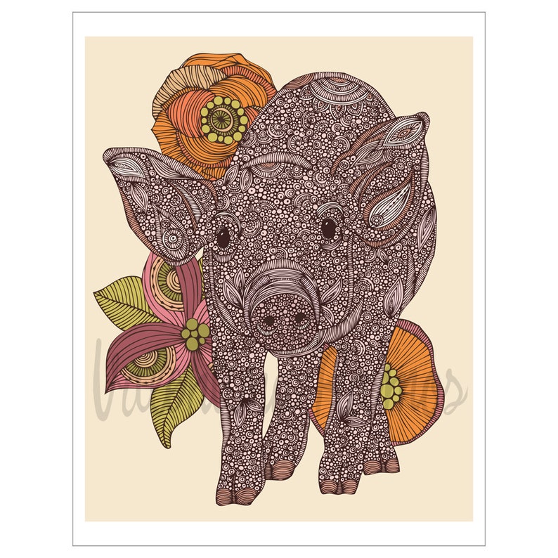 Pinky print 8x10 Decor Room decor Flowers Doodle Art Flowers Print Decor Animal Print Decor Piggy print Piggy art image 2