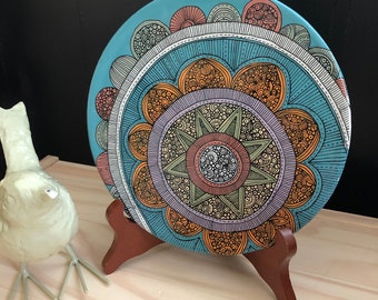 Hand painted Ceramic Plate Geometric Aztec - One of a Kind - Home decor- tabletop decor - original style- decoration
