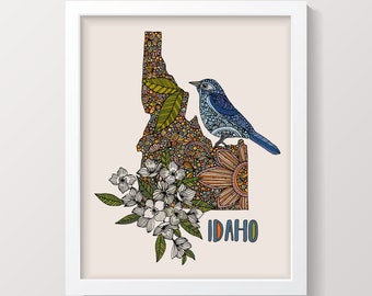 Idaho State Map - State Bird The Mountain Bluebird - State Flower Syringa State Map - Art Decor - Maps - Pen and ink art