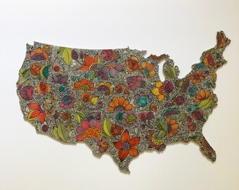 United States Map in Wood - Pen and ink art  - Original Art -Acrylic  art - Art Decor - Wall Decor - Contemporary Art