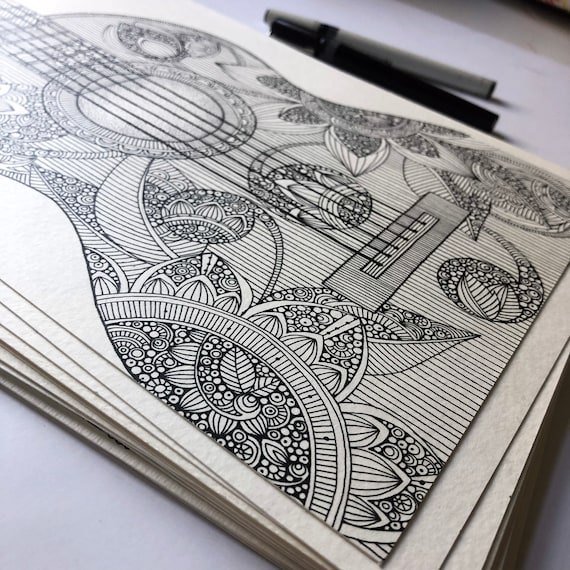 Doodle Simple Black Pen Sketches The Guitar Original Pen And Ink