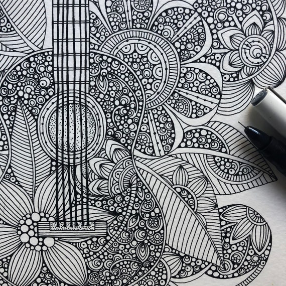 Original Guitar Pen and Ink Drawing: Doodle Art on Watercolor