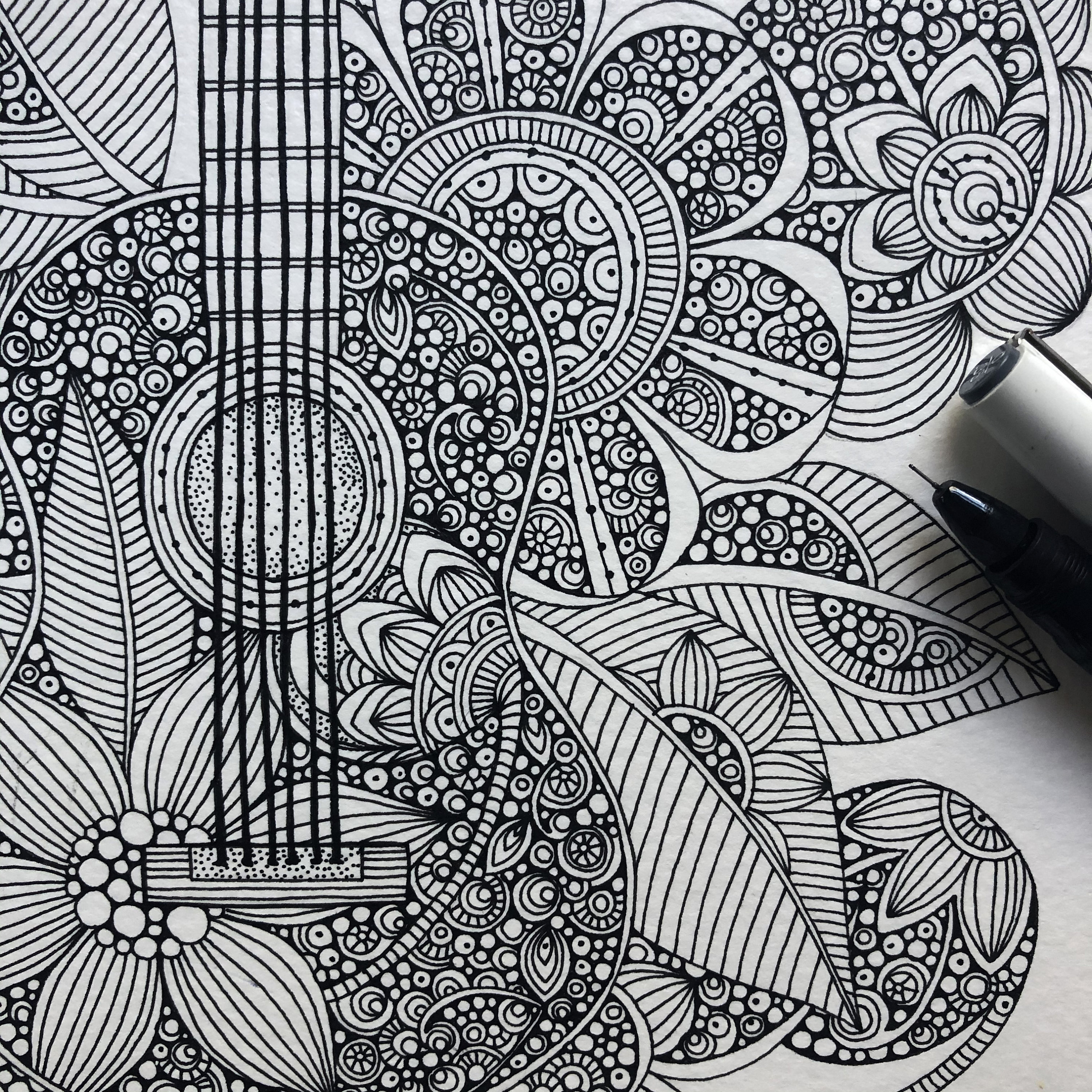 Ever Guitar Original Pen and Ink drawing pen and ink art doodle art watercolor paper ink black ink rapidograph art