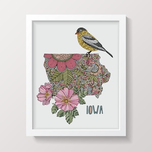 Iowa State Map - State Bird Eastern Goldfinch - State Flower Wild Prairie Rose- Wall Art - State Map - Art Decor - Maps - Pen and ink art