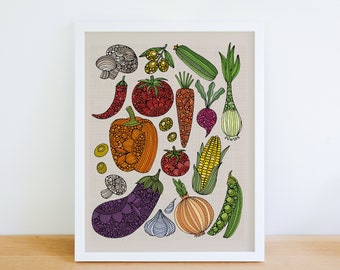 May include: A colorful illustration of various vegetables and fruits, including a purple eggplant, a red pepper, a green onion, a yellow corn cob, and a red tomato. The illustration is done in a whimsical style with intricate details.
