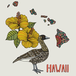 Hawaii State Map State Bird nene/Hawaiian goose State Flower yellow hibiscus Wall Art State Map Art Decor Maps Pen and ink art image 2