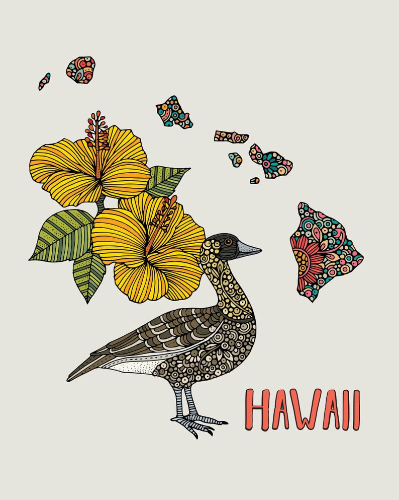 Hawaii State Map State Bird nene/Hawaiian goose State Flower yellow hibiscus Wall Art State Map Art Decor Maps Pen and ink art image 2