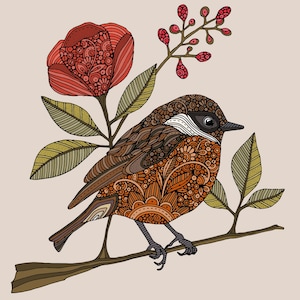 May include: A detailed illustration of a bird perched on a branch with a red flower and green leaves. The bird, flower, and leaves are all intricately patterned with a variety of colors, including brown, orange, red, and green.