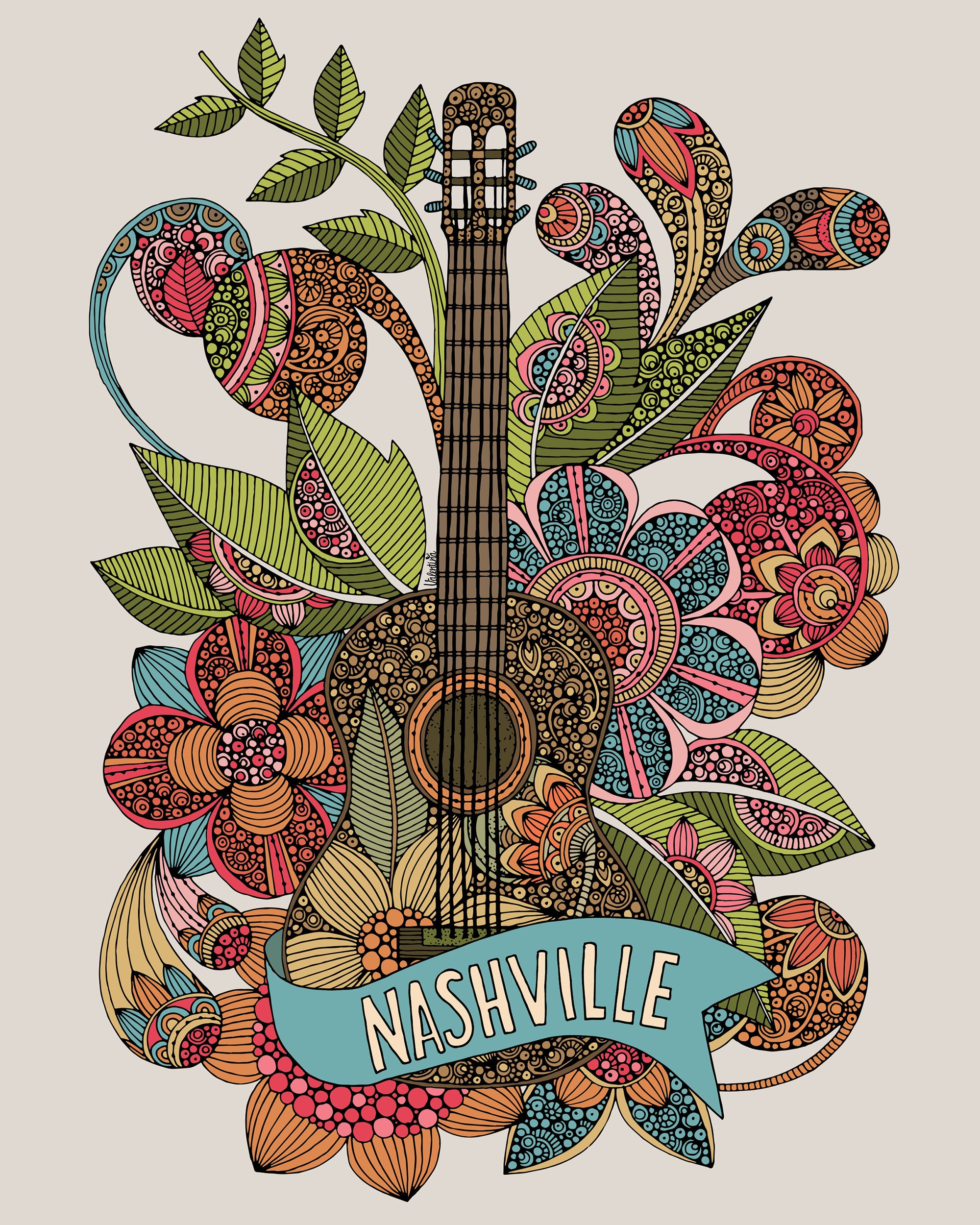Nashville Guitar Art Print: Floral Doodle Music Decor (8x10) - Etsy