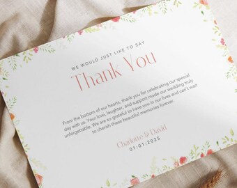 Green and Pink Flower border thank you postcard - fully editable in CANVA for all your needs.
