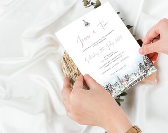 Romantic Oxford Wedding Invitation with Soft Pink & Blue Watercolor Cityscape - Personalise Yours Today