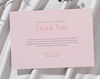 Rosa tackkort – redigerbar Canvasmall, minimalistisk typografi, direktnedladdning, enkelt tackkort för bröllop, utskrivbart