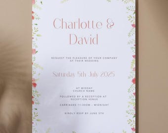 Pink and Green Floral Wedding Invitation Suite - Floral Watercolour invitation, Printable Template for DIY Weddings - Editable Canva Design