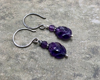 Carved Amethyst - Amethyst and Sterling Silver Earrings