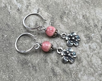 Pink Blooms - Rhodochrosite and Sterling Silver Earrings