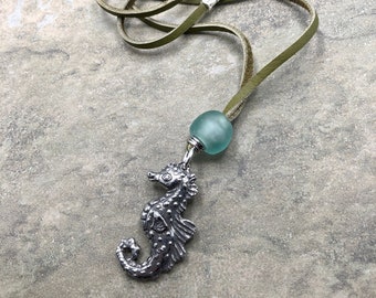 Seahorse - Fine Pewter, Recycled Glass and Olive Suede Necklace