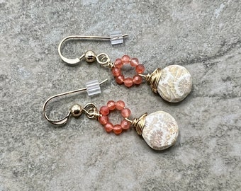 Fossil Coral - Fossil Coral, Strawberry Quartz, and 14k Gold Filled Earrings
