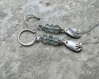 Moss Lotus - Moss Aquamarine, Lead Free Pewter and Sterling Silver Earrings