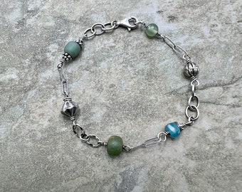 Tradewind - Hilltribe Fine Silver, Vintage Glass, Trade Beads and Sterling Silver Bracelet