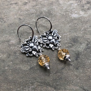 Butter Rum Fly - Czech Glass, Fine Pewter and Sterling Silver Earrings