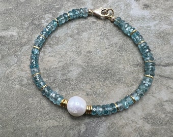 Maui Waves - Natural Cubic Zirconia, Freshwater Pearl and 14k Gold FIll Lobster Clasp