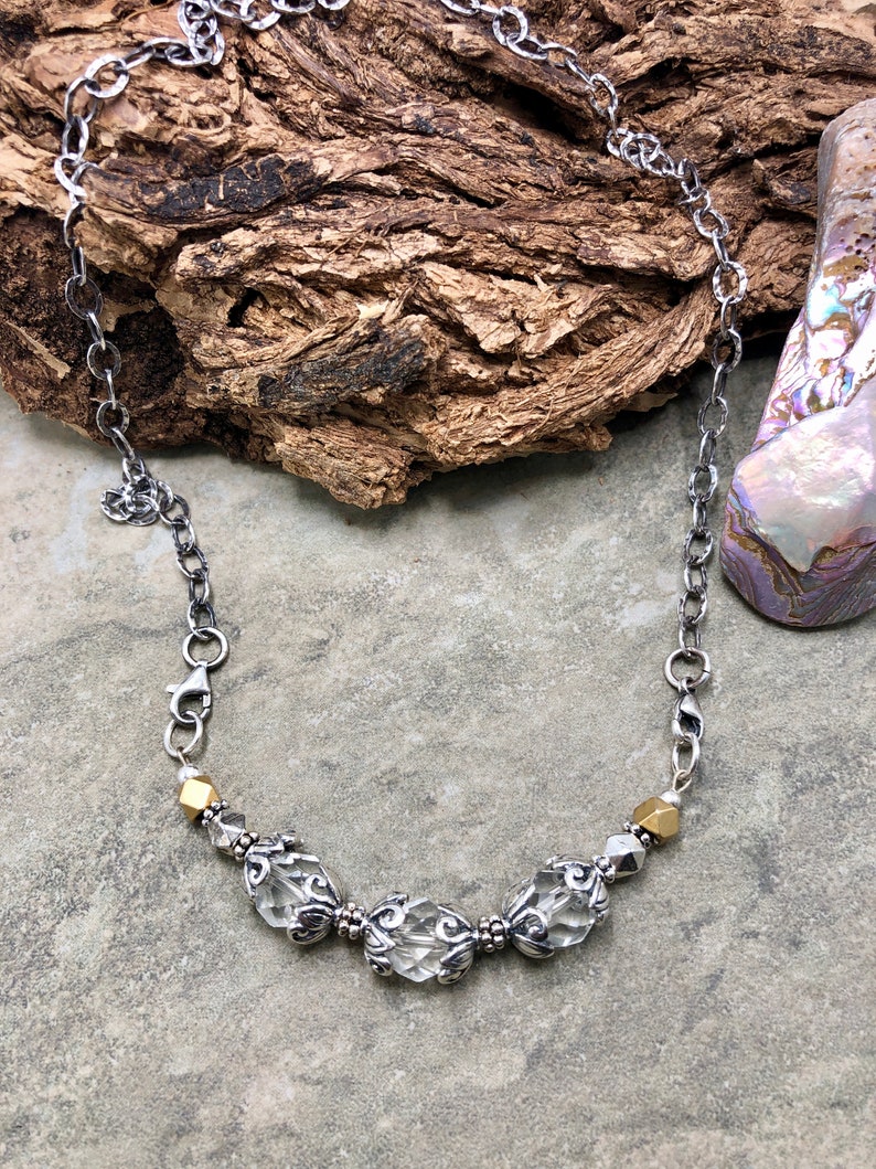 Elegance Brass and Sterling Silver Necklace Quartz Crystal