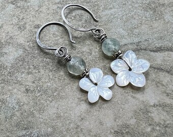 Pua - Mother of Pearl Flowers, Prehnite and Sterling Silver Earrings