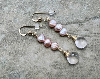 Baby Pink - Freshwater Pearl, Rose Quartz and 14k Gold Fill Earrings