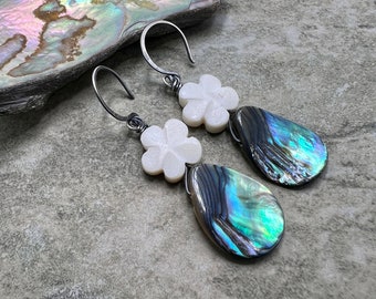 Maui Plumeria - Abalone, Carved Bone and Sterling Silver Earrings