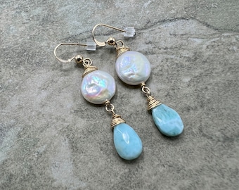 Sea Princess - Pendientes rellenos de perlas de agua dulce, larimar y oro de 14 k