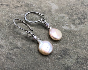 Peach Moonlight - Freshwater Pearl, Crystal and Sterling Silver Earrings